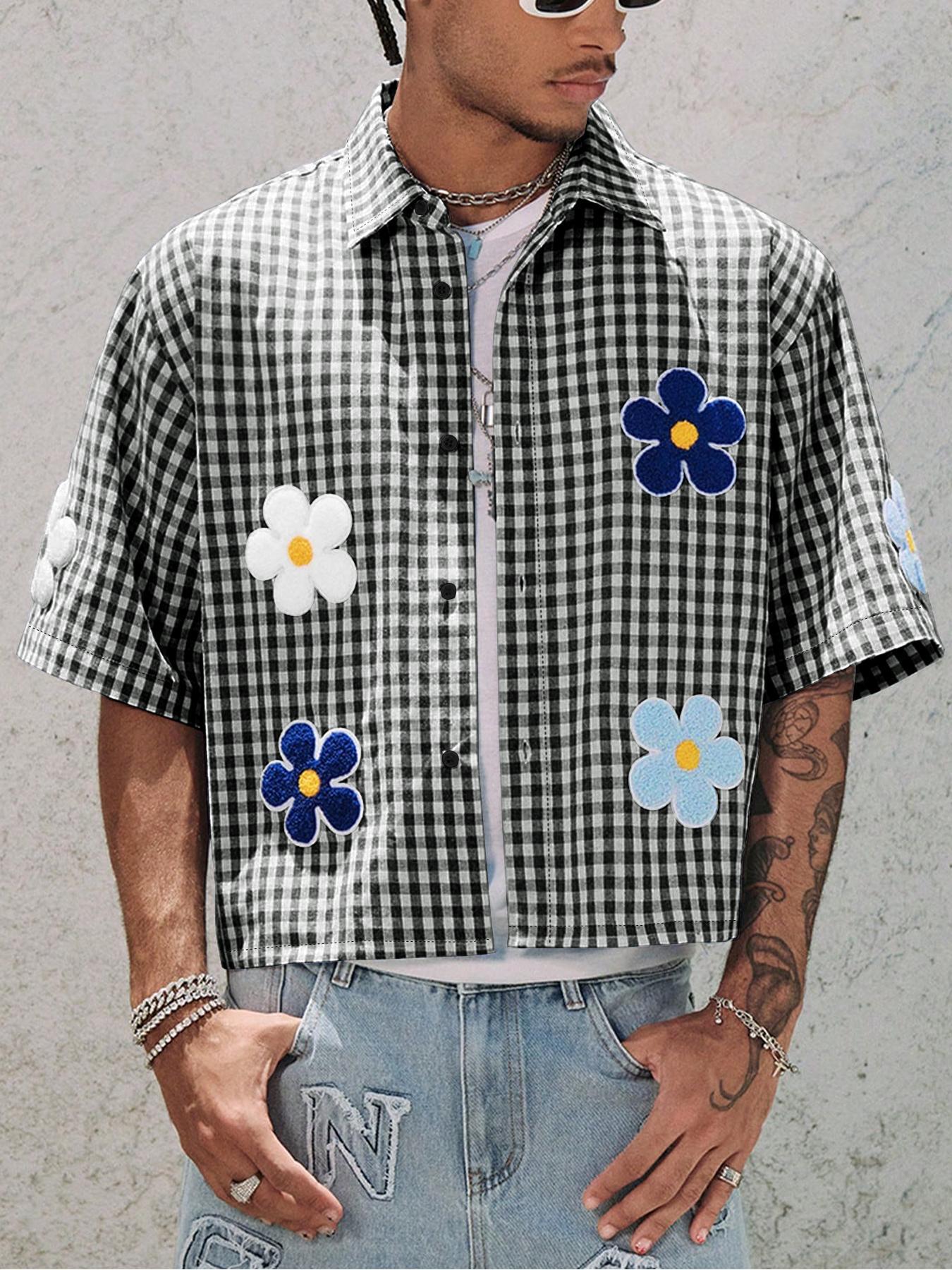 Men's Floral Embroidery Embroidered Short Sleeve Shirt, Regular Fit Casual Street Retro Gingham Plaid Graphic Button Front Top for Summer, Men's Clothes for Daily Wear, Menswear