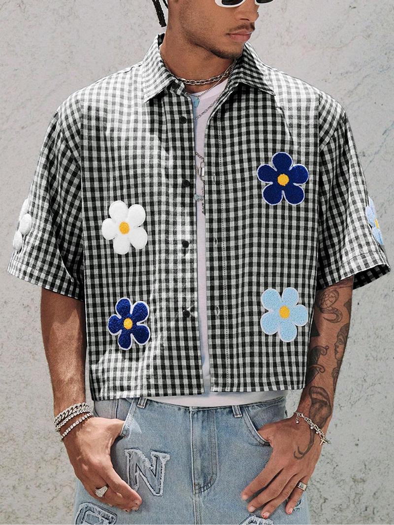 Men's Floral Embroidery Short Sleeve Shirt, Regular Fit Casual Street Retro Gingham Graphic Button Front Top for Summer, Men's Clothes for Daily Wear