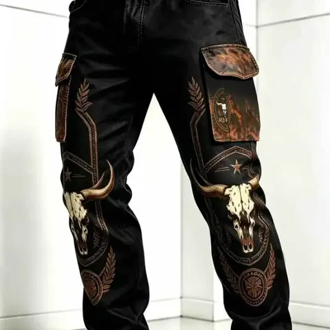Men's Black Wild West Bull Skull Graphic Cargo Pants, Multi-Pocket Straight-Leg Ankle-Length Design, Belt Not Included