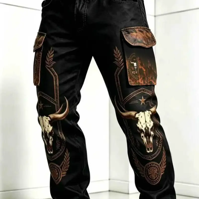Men's Black Wild West Bull Skull Graphic Cargo Pants, Multi-Pocket Straight-Leg Ankle-Length Design, Belt Not Included