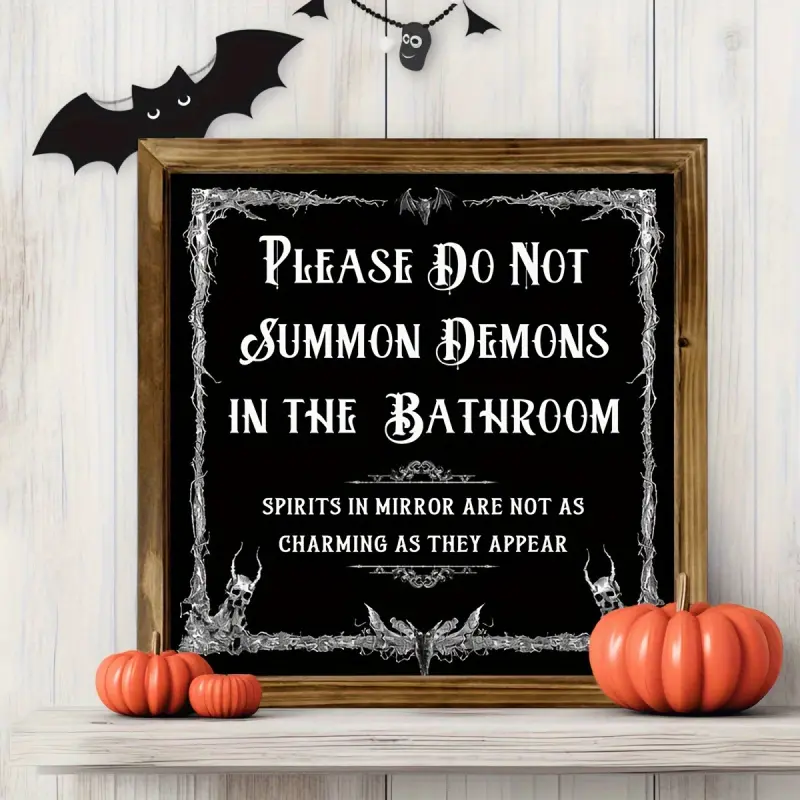 Gothic "Do Not Summon Demon in Bathroom" Wall Sign Retro Bat Spider Web Decoration Halloween Christmas Decor Unpowered Wooden Plaque for Bathroom Door Bathtub Shower Year-Round Use Desktop Ornament