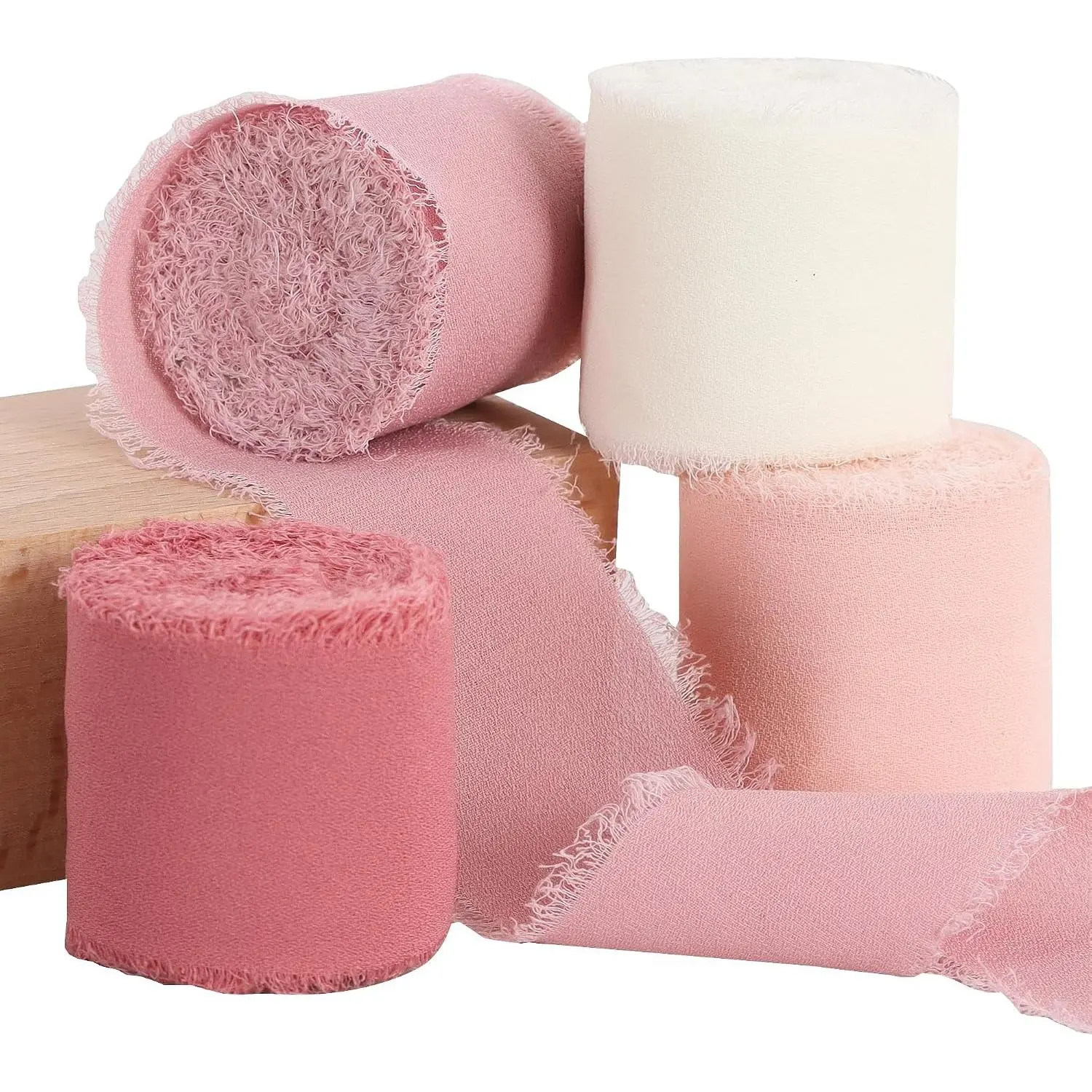 4 Rolls Silk Chiffon Ribbon, 1-1/2 Inch x 22yds Dusty Pink and Cream Chiffon Ribbons Set, Handmade Fringe Valentine Ribbon for Gift Wrapping Bridal Bouquets Wedding Valentine Day Decoration