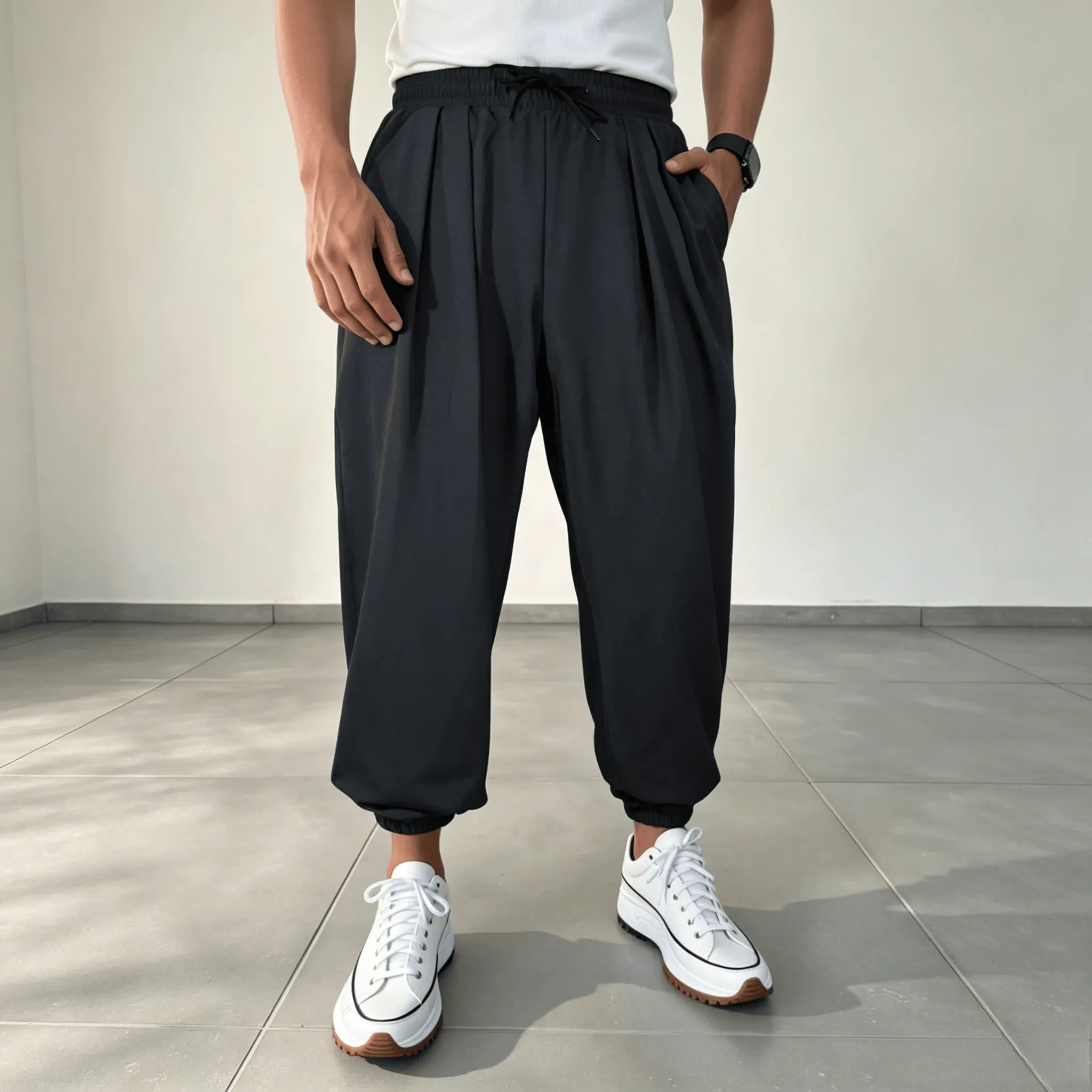 Men's Black & Beige Plain Pleated Harem Jogger Pants - Adjustable Drawstring Elastic Waist, Top-Wide Bottom-Narrow Ankle-Length Trousers, Quick Dry Breathable Lightweight Linen Casual Athletic Bottoms for Daily Wear Gym, Tapered, Loose Fit Wide-Leg Men's