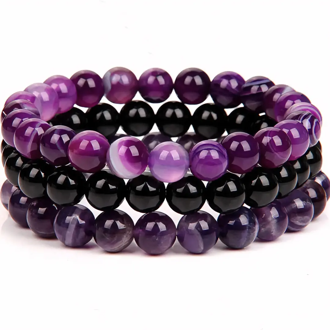 Unisex 3-Pack Stackable Stretchy Beaded Bracelets, 8mm Natural Amethyst & Black Onyx Purple Beads, 6.4-7.5in Adjustable Fit, Beading Design, Daily Casual Gift for Friends, Note: Choking Hazard Small Parts