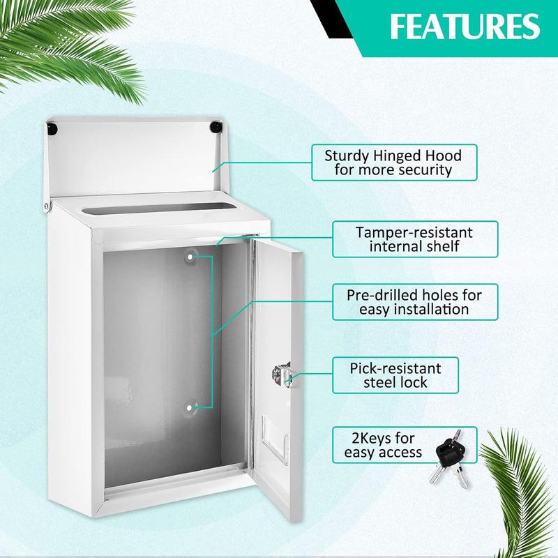 Weatherproof Mail Boxes with Key Lock,  Locking Wall Mount Metal Mailbox with Slot for Outside, Large Capacity for Mail, Packages, Donations, Voting 11.8" H x 8.3" L x 2.8" W, White