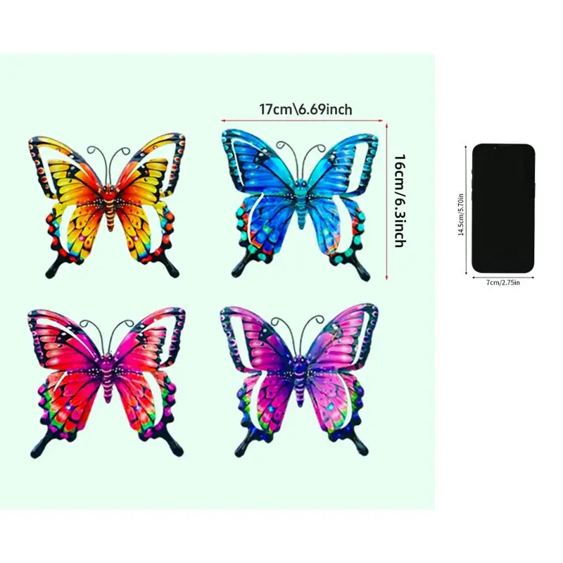 4-Piece Set 3D Iron Butterfly Wall Decor, Outdoor Garden Hanging Art, Creative Painted Metal Craft, 17cm X 16cm, Courtyard Decoration