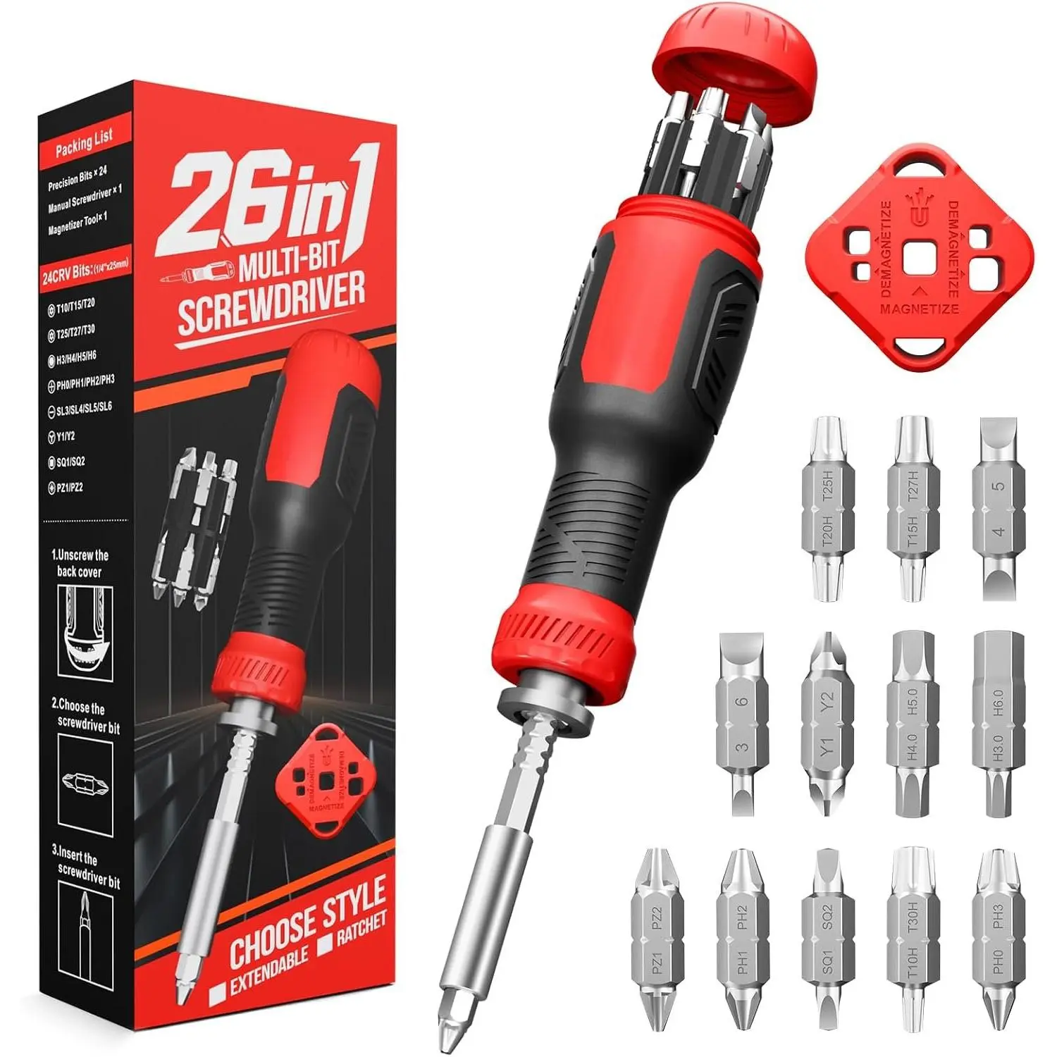 Multi  26 in 1 Screw Driver Set  in  Telescoping Multi Tool with 12 Double Ended CRV Bits Phillips Slotted Torx Hex Portable Repair Kit for  Furniture