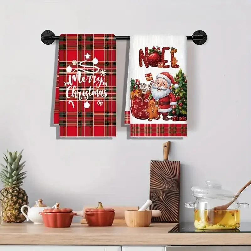2 Piece Christmas Kitchen Towels, Santa and Gingerbread Design, Quick-Dry Absorbent Microfiber, Plaid, Cooking, Baking, Moving, Holiday Decor