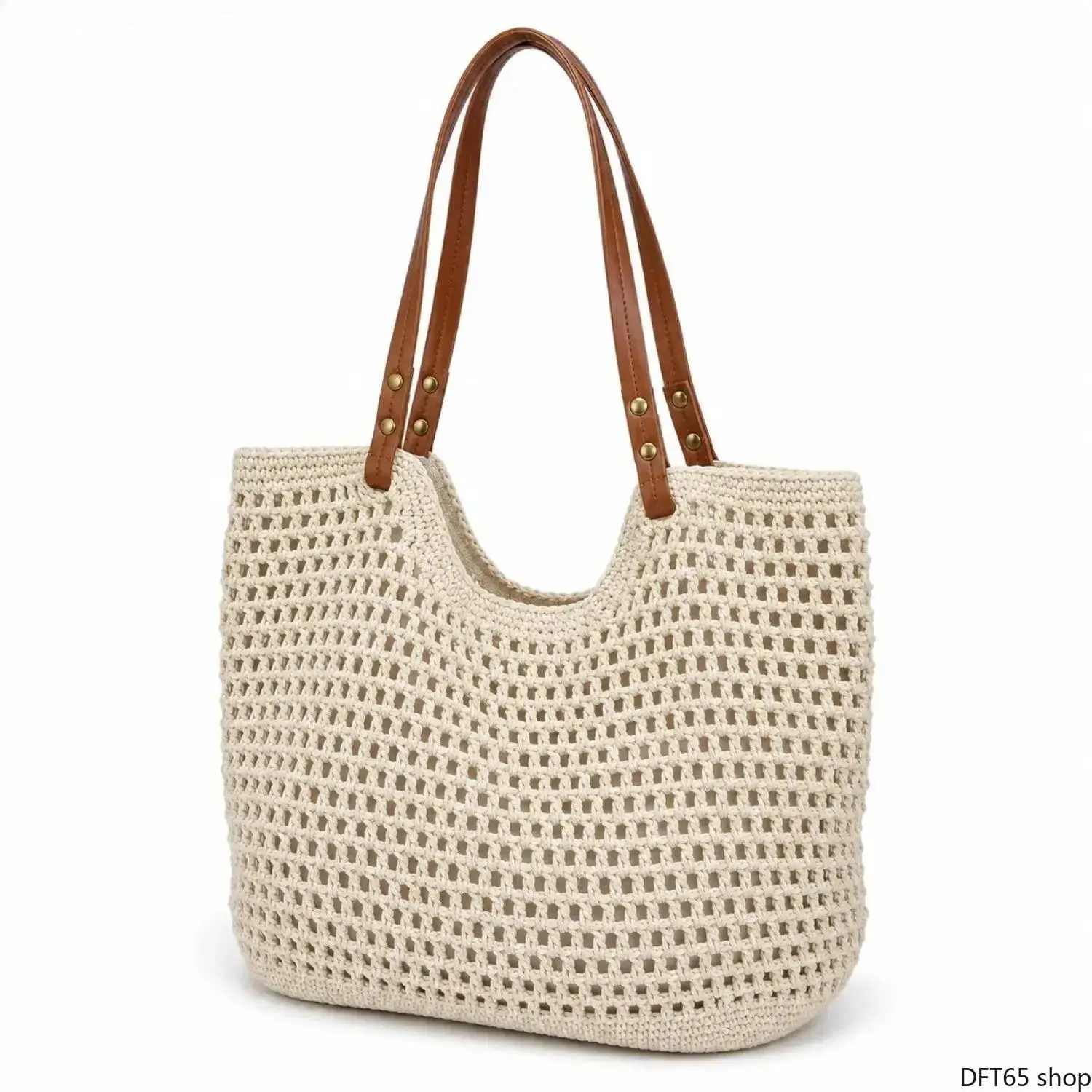 Boho Hollow Crochet Knitted Mesh Shoulder Tote Bag With Sturdy Faux Leather Handles Lightweight Woven Purse For Women Summer Beach Travel Shopping Daily Outdoor Carry Accessory