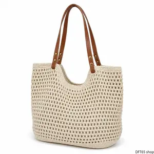 Boho Hollow Crochet Knitted Mesh Shoulder Tote Bag With Sturdy Faux Leather Handles Lightweight Woven Purse For Women Summer Beach Travel Shopping Daily Outdoor Carry Accessory