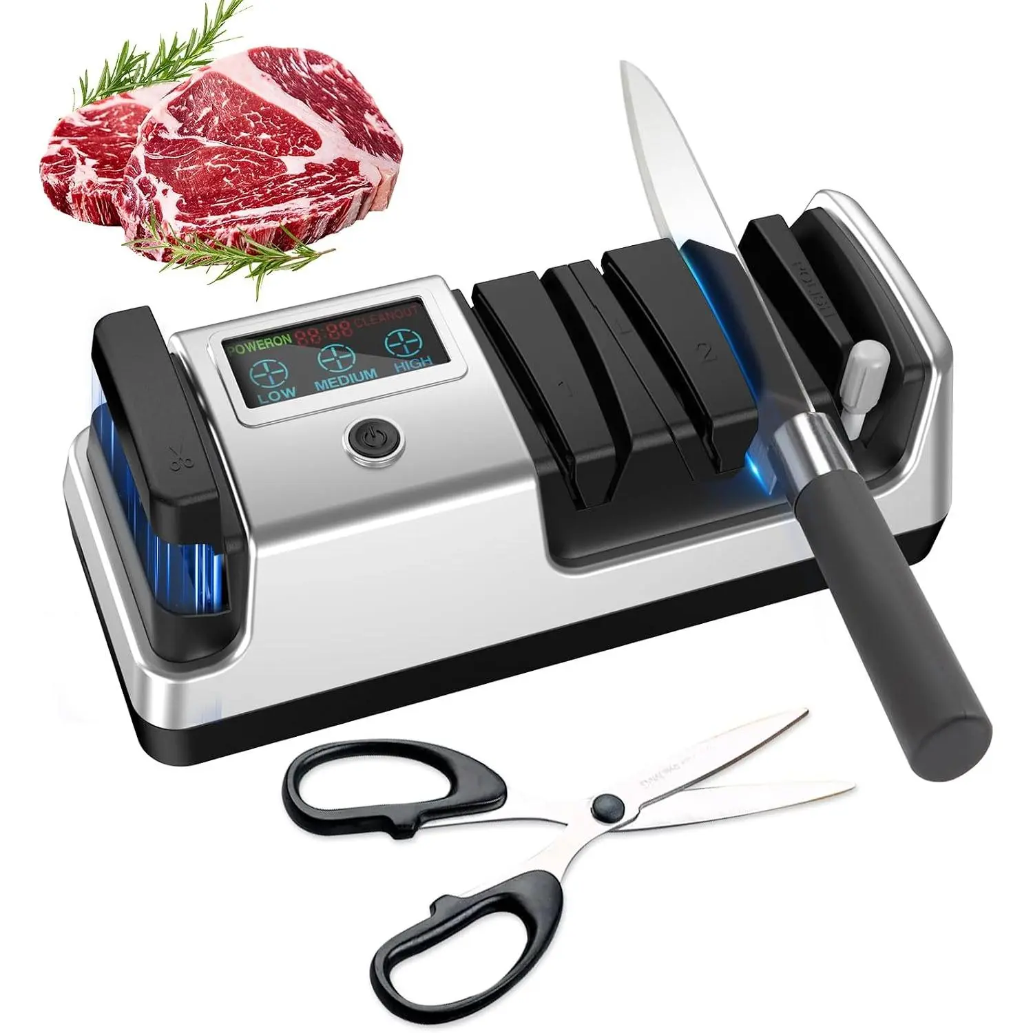 Upgrade 5-in-1 Electric  Sharpener, Professional 3-Stage with LCD Screen,   Abrasives, 3 Rotational Speed Adjustable,  sharpener for Straight, Serrated, Meat Cleaver,