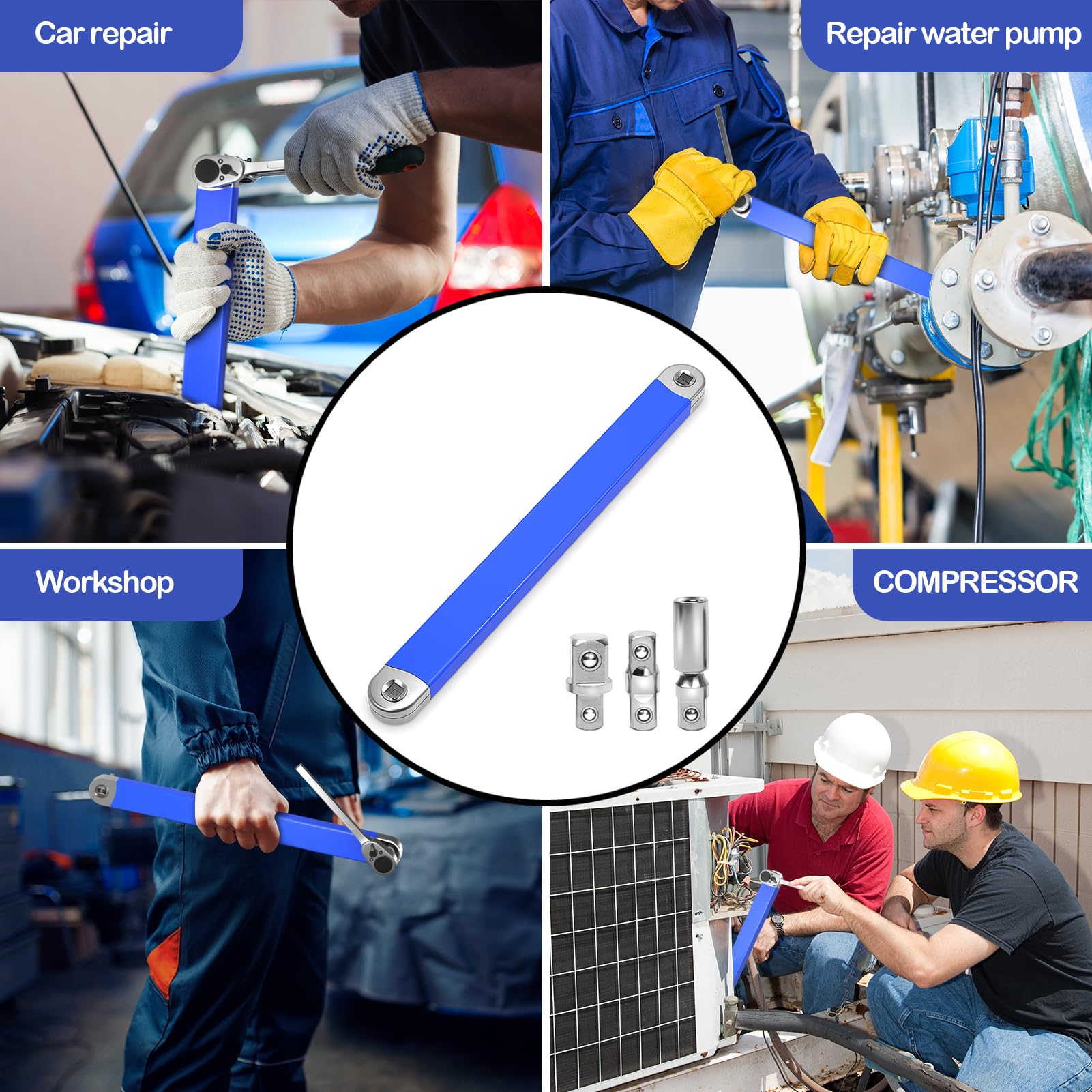 Pro Offset Extension Wrench, 15-Inch Extension Wrench, 3/8" Offset Impact-Ready Socket Wrench Tool with Versatile 1/4", 3/8", and 1/2" Square Drive Adapters