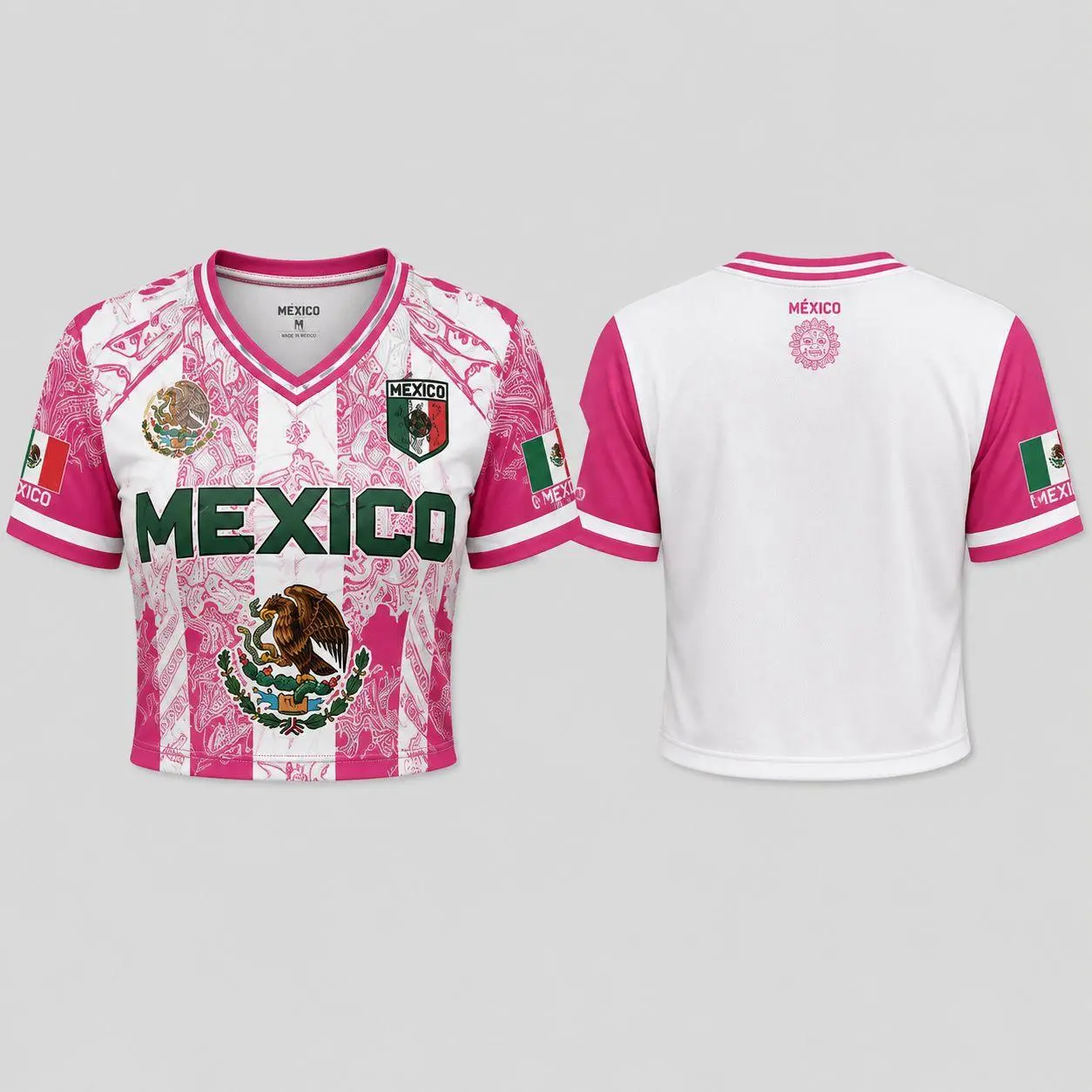 Women's Cropped Mexico Soccer Jersey, V-Neck Pink Shirt with Aztec Eagle Emblem, Fan Streetwear for Cinco de Mayo & Game Day, Women's Clothes, Mexico Jersey