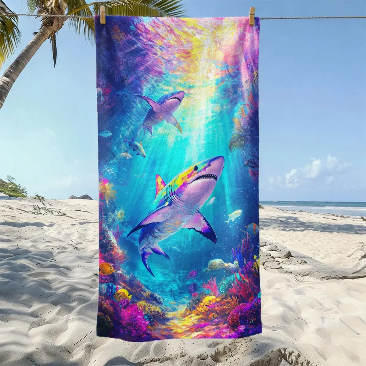 Colorful Shark Beach Towel, Ultra-Fine Fiber, Lightweight Quick-Dry Sand-Resistant, Ideal for Pool, Beach, Travel, Camping