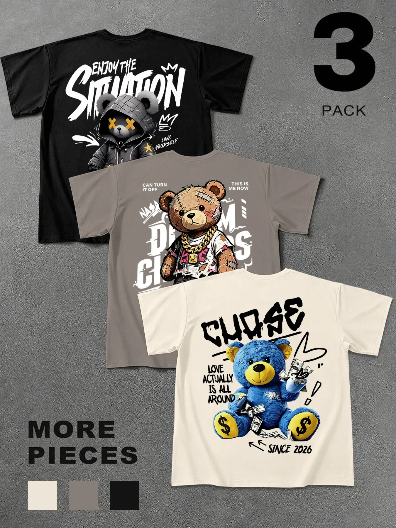 3-Pack Streetwear Bear Series Round Neck Short Sleeve T-Shirts, Graffiti Letters, Loose-Fit, Casual Daily Wear, Long T-Shirt