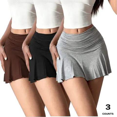ASANDY Women's 3-Pack High-Waist Ruched Bodycon Mini Sports Skirts - Stretchy Gym/Sporty/Workout Skirt, Black Street Wear for Club, Daily Use