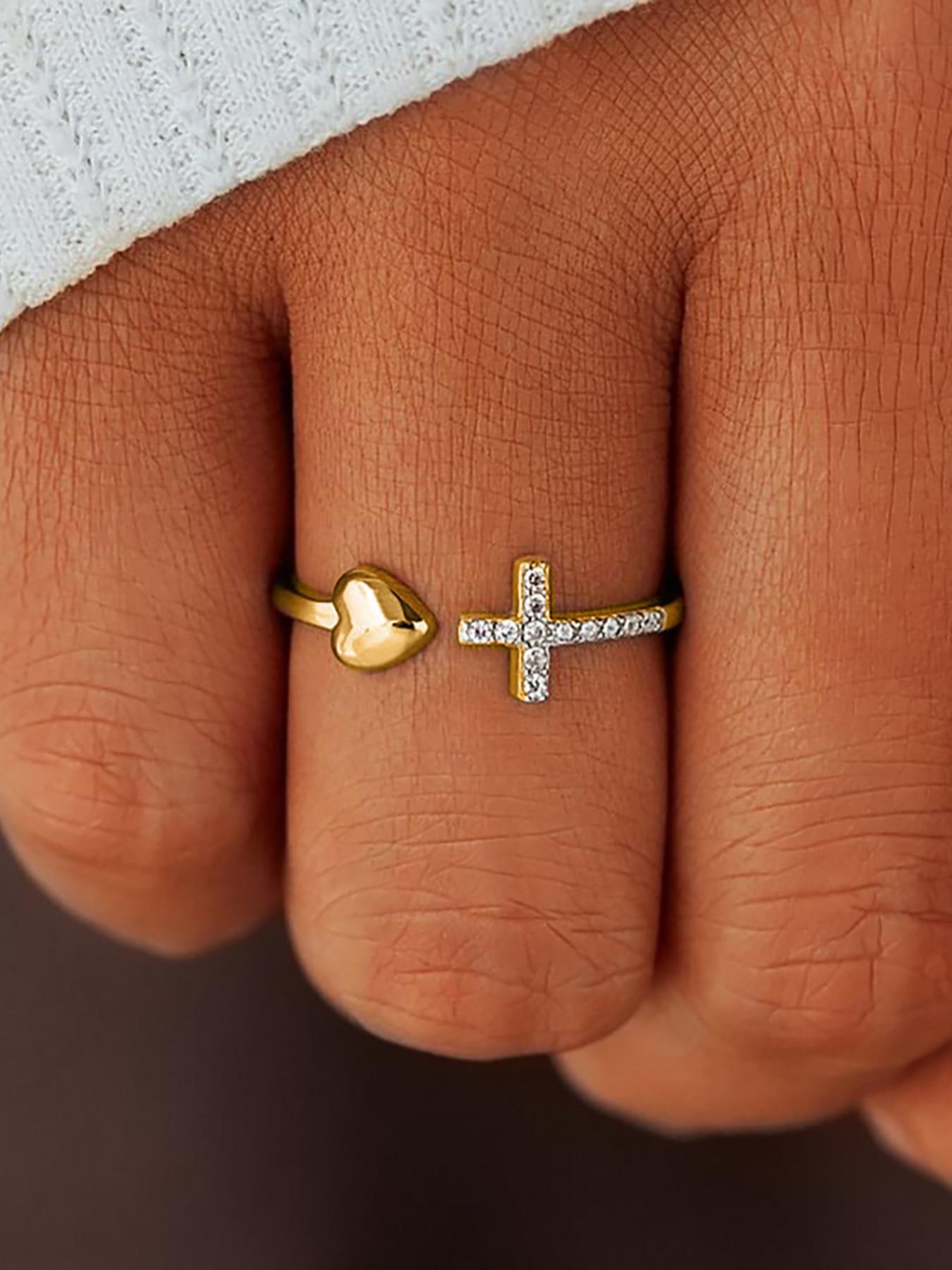 S925 Sterling Silver Cross & Heart Design Cuff Ring, Adjustable Christian Religious Ring, Inspirational Jewelry Gifts for Ladies, Fashion To Enhance Your Faith Purity Ring, Elegant Ring