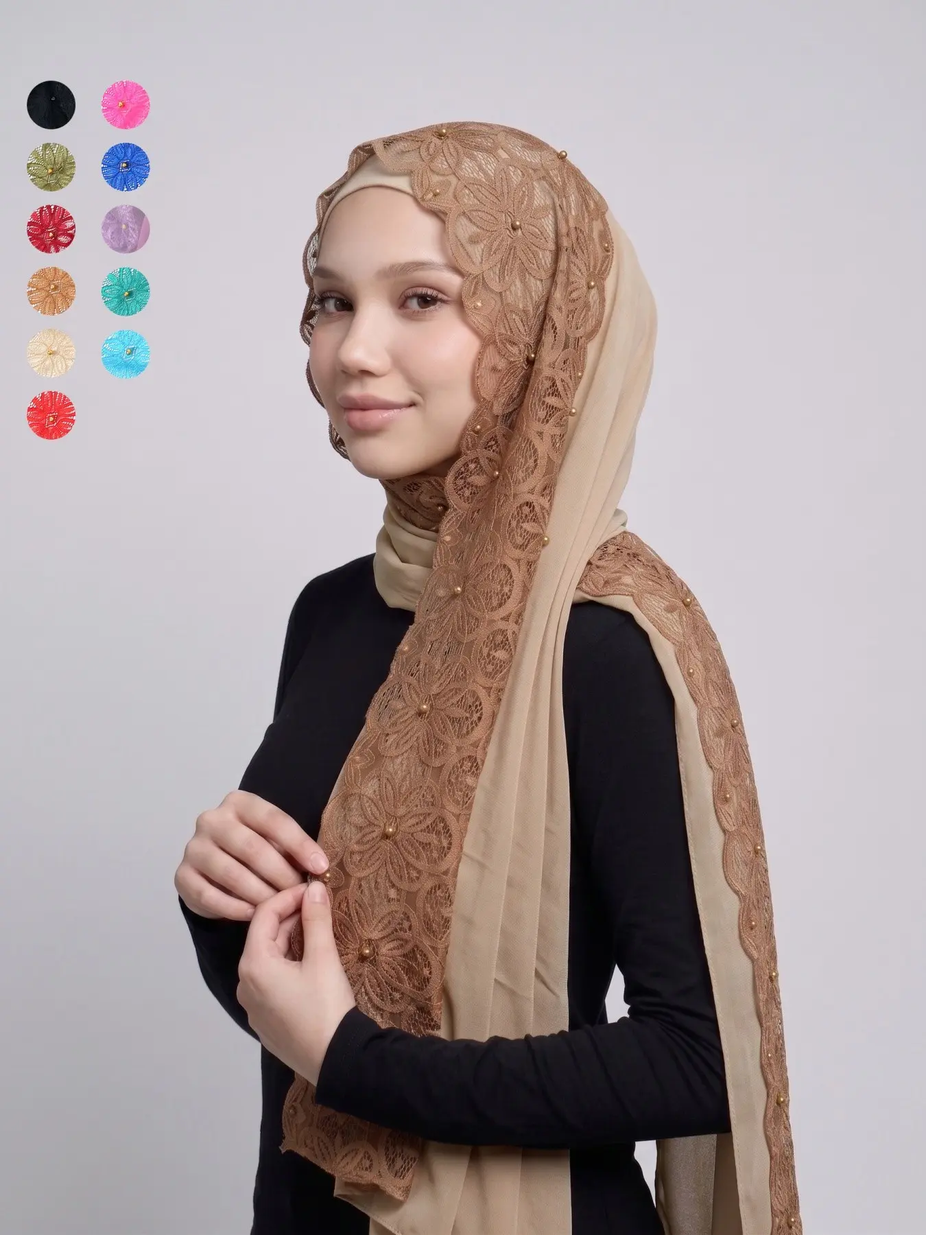 1pc Women Spring/Summer Lace &Pearl Splice Chiffon Hijab Shawl,Muslim Headscarf