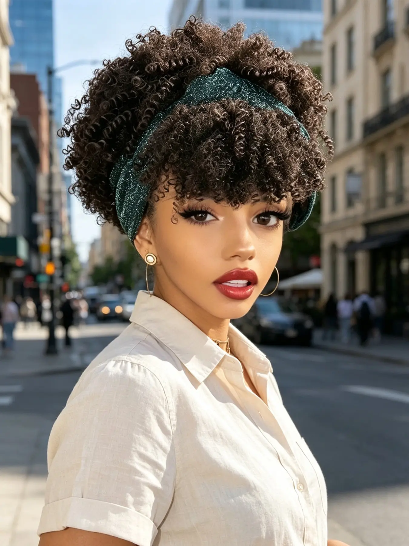 KAIRIYA 2-in-1 Afro Kinky Curly Headband Wig for Black Women, Fluffy Ombre High Puff & Turban Wrap, Synthetic Hairpiece for Holiday Parties, Music Festivals, Christmas & Festive Celebrations Style