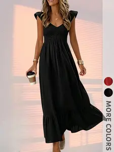 New Summer Women's V-Neck Sleeveless Solid Color Dress, Ruffled Hem Patchwork Elastic Waist Design, Elegant Fashion Casual Wear Commute Vacation Long Dress