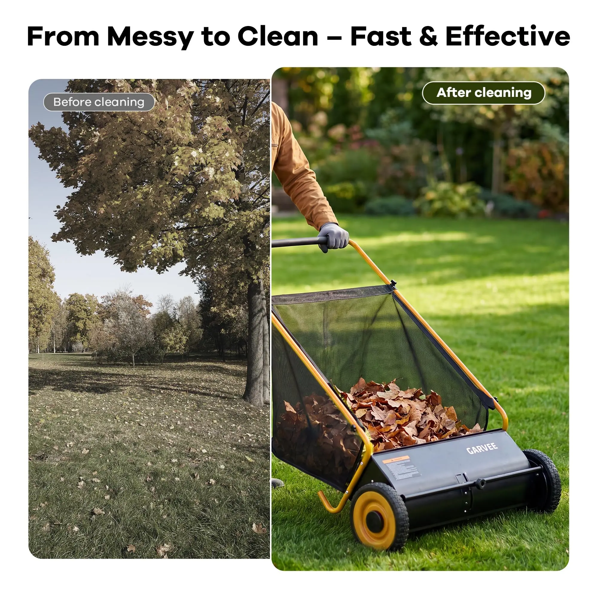 Garvee 26 Inch Heavy Duty Push Lawn Sweeper with 7 Cu.Ft Large Carrier & Clear Powder Cover, Efficient Leaf & Grass Collector Durable Yard Cart for Lawn & Garden Cleanup