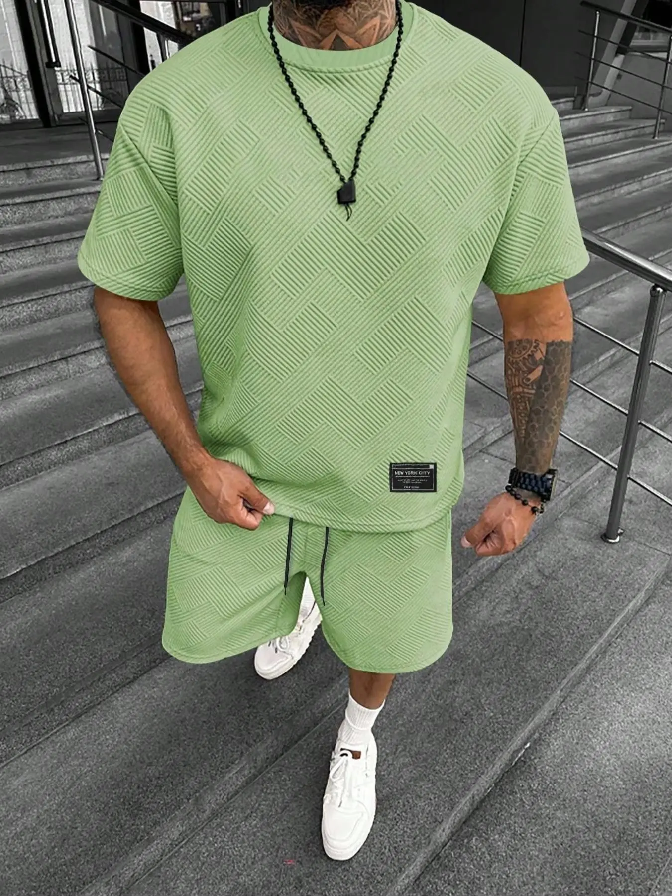 Men's Textured Jacquard Casual Two-Piece Set, Menswear, Round Neck Short Sleeve Tee, Drawstring Shorts, Breathable Summer Home Wear, Daily