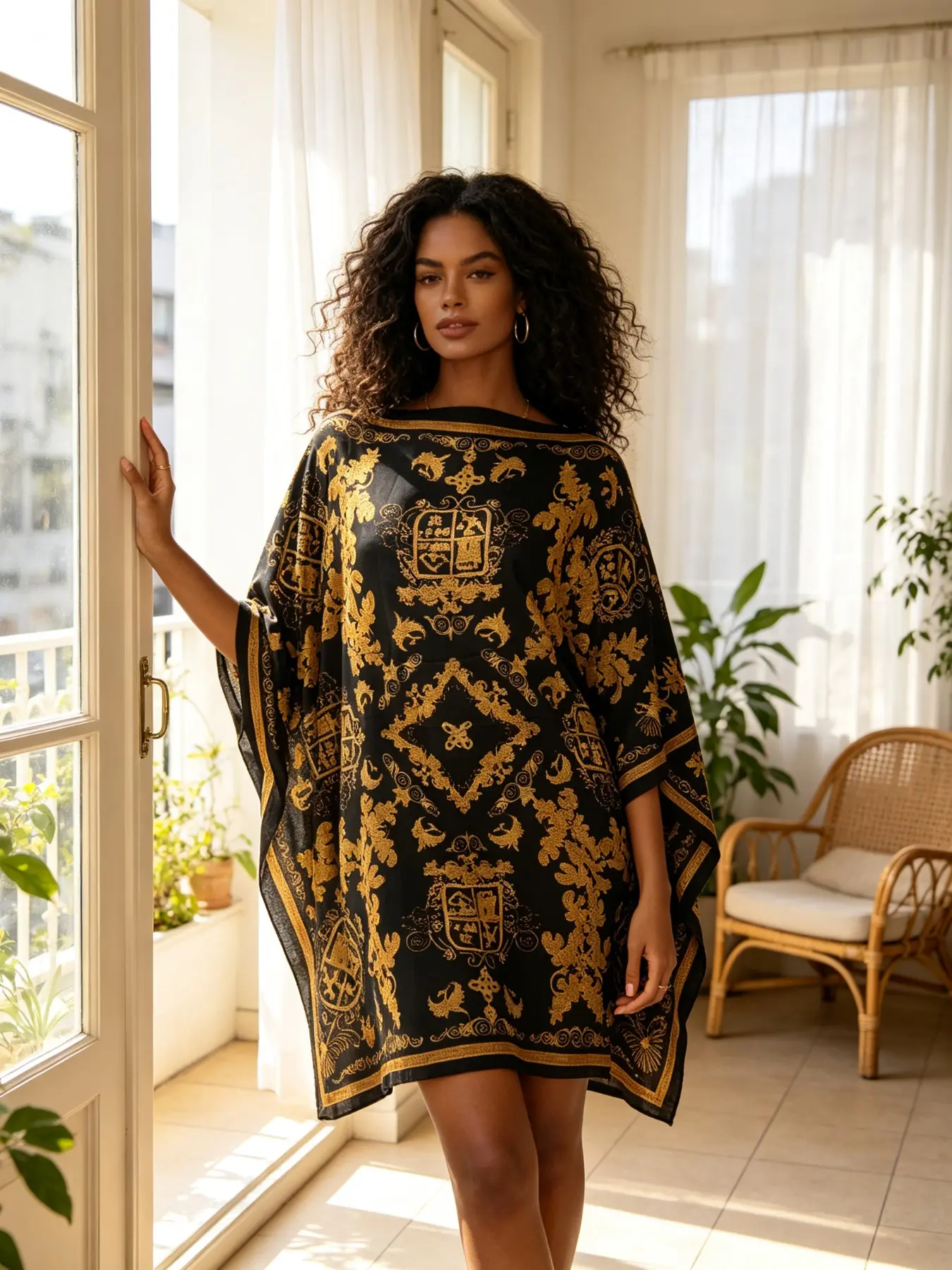 Women's Vintage Gold Badge Vine Print Kaftan, Base Loose Fit Outerwear, Soft Silk Lounge Wear, Casual Style for All Seasons