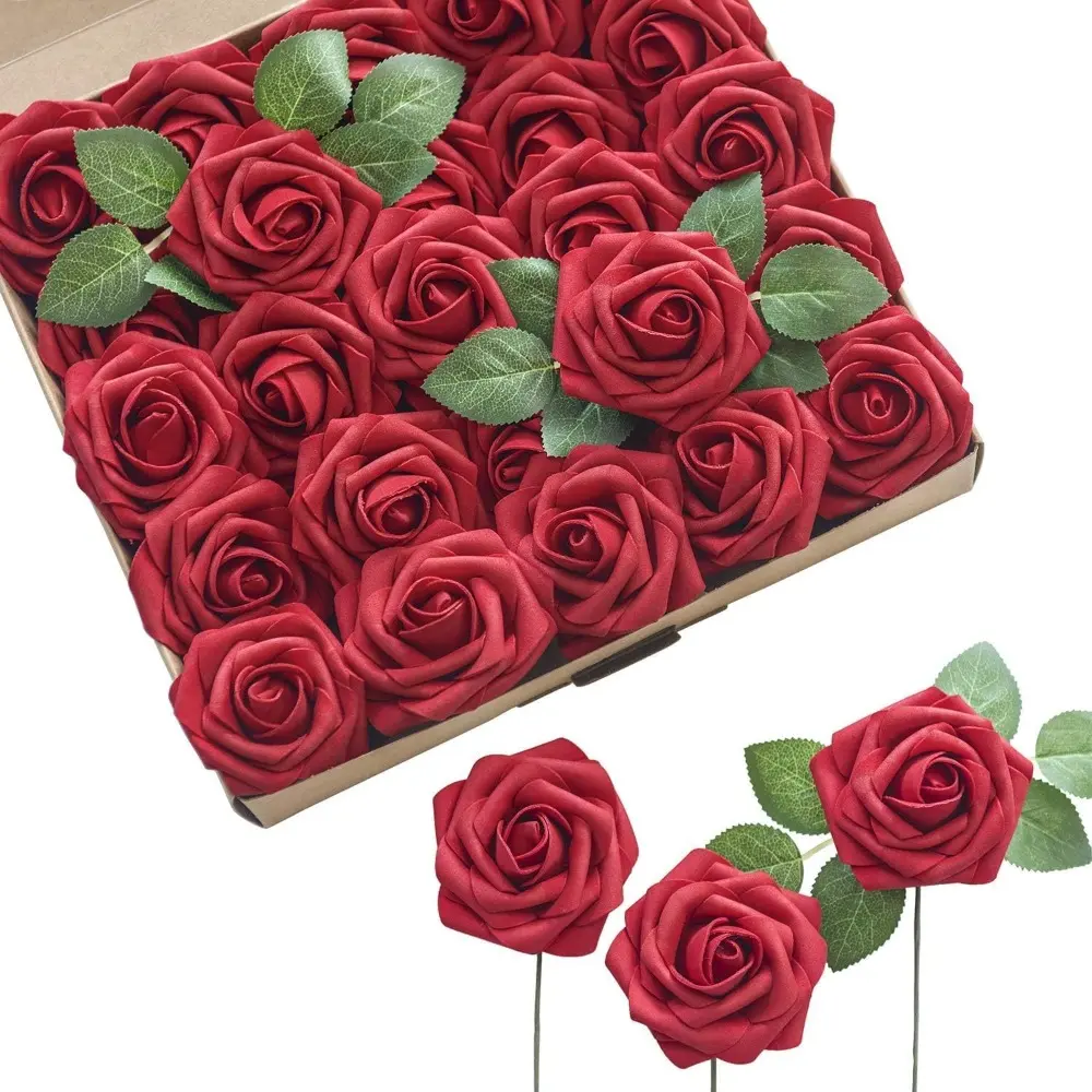 50pcs Roses Dark Red Foam Roses With Stems - Artificial Rose Flowers For Wedding Bouquets, Bridal Shower Centerpieces, Party Table Decorations Floral Decor, Flower Arrangement Perfect For Christmas Thanksgiving Home Decor