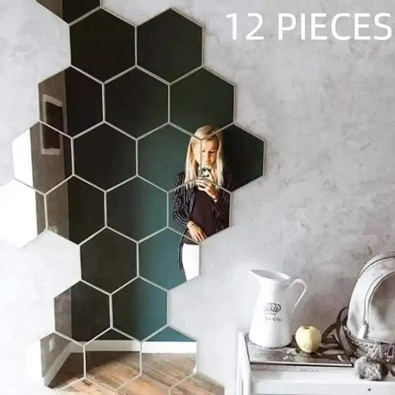 DIY Art Decoration Removable Silver Color Acrylic Decorative Mirror Wall Stickers, 12 Hexagonal & 4 Square, Wall-Mounted for Bedroom Living Room
