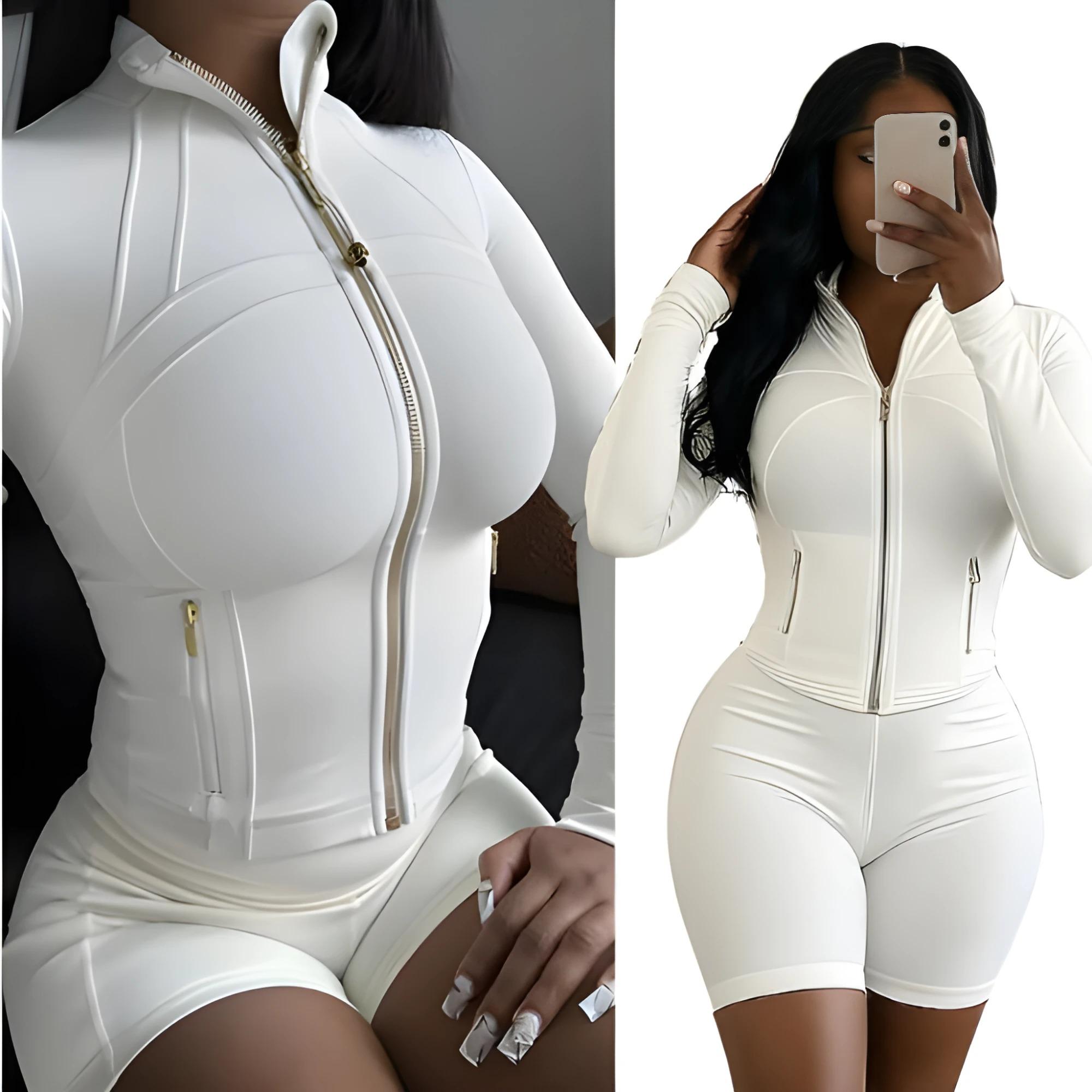 Breathable Elasticity Gym Set - Women's 2 Piece Workout Set Zip-Up Jacket & Shorts - Casual Activewear for Fitness & Athleisure Trend