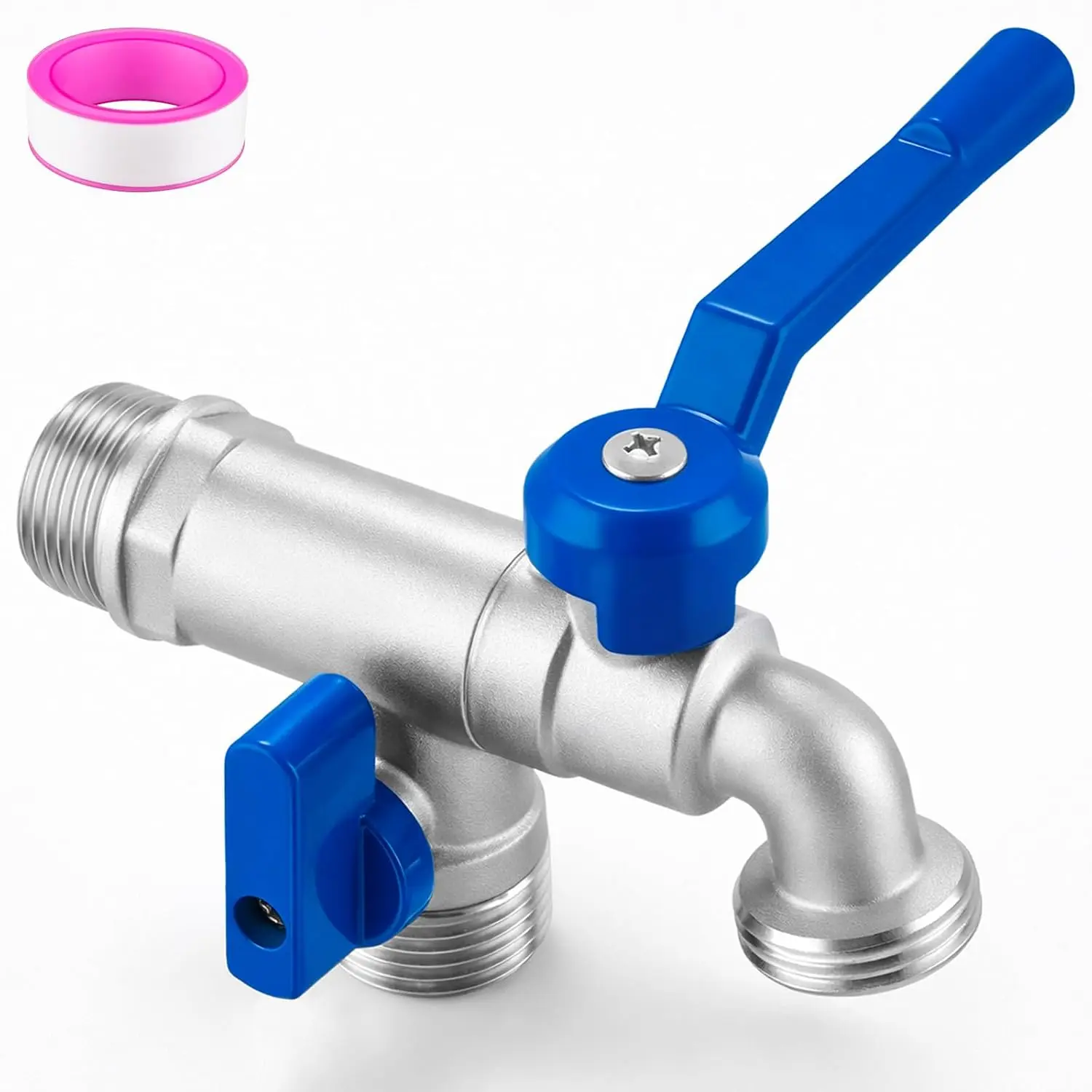 304 Stainless Steel Double Outdoor Faucet, 3/4 Inch Wall Mount Garden Water Faucet, Rust & Frost-Proof Outdoor Spigot, 3/4" NPT male inlet and two 3/4" GHT male outlets, for Garden Hose, , Balcony
