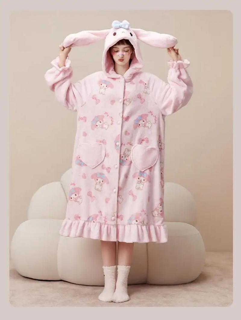 Kawaii My Melody Women Plush Pajamas Robe Set Homewear Cartoon Winter Long Style Thickened Nightgown Pants Anime Sweet Cartoon