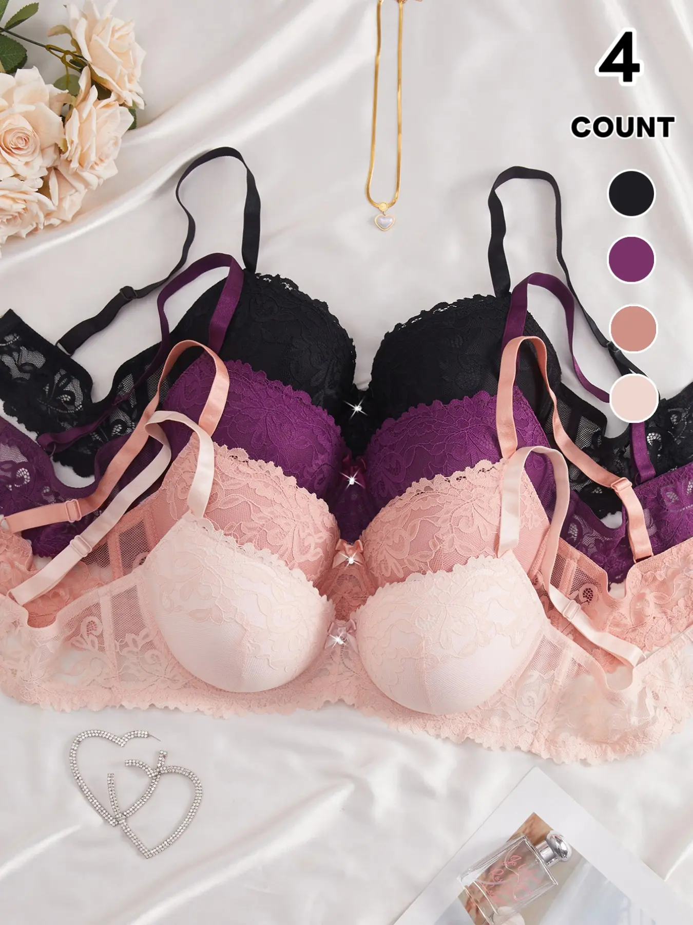 Plus Size Lace Bra 4 Pack, Women 3/4 Cup Underwire Support, Floral Lace Bra, Adjustable Thin Straps, Soft Comfort Daily Lingerie Multipack