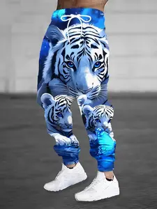 Men's Dreamy Deep Blue Starry Tiger Digital Print Joggers, Trendy Loose Fit, Elastic Waist, Versatile Sports Sweatpants