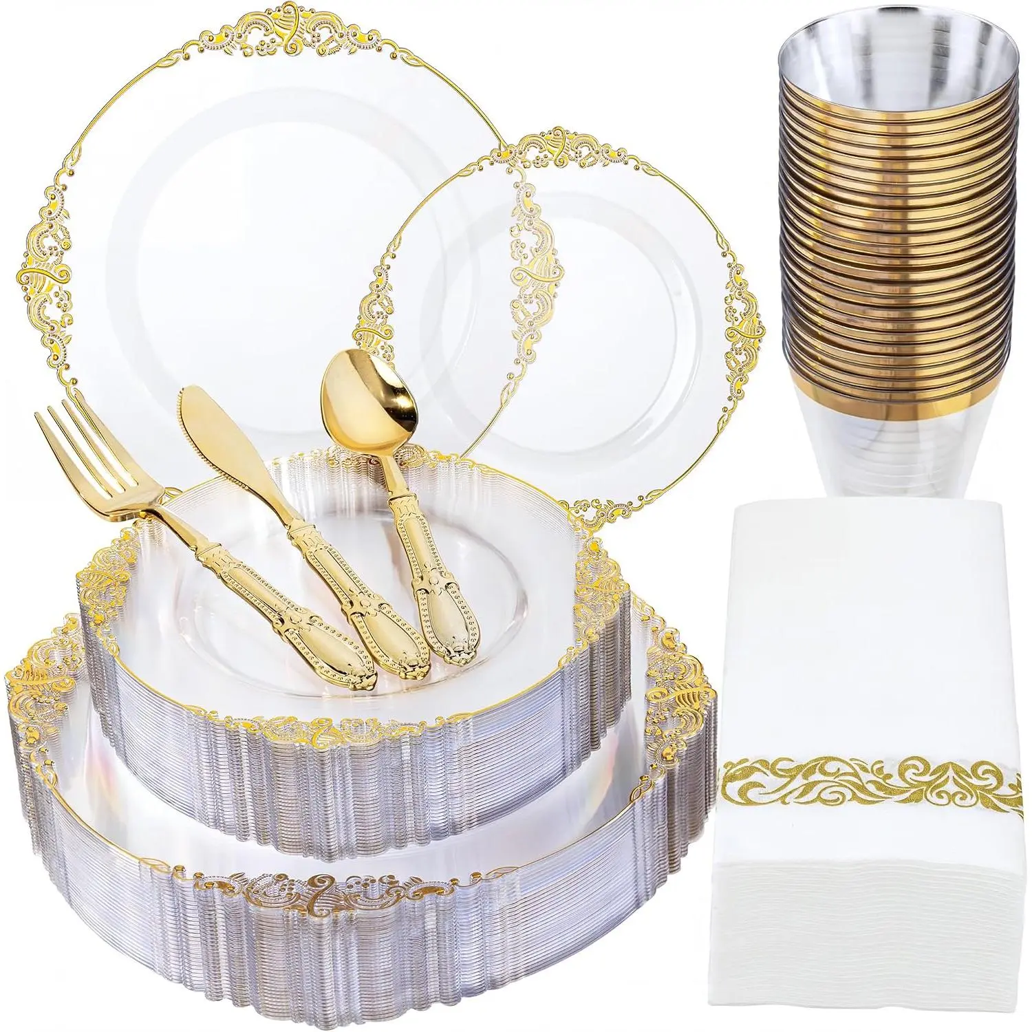175 count Clear and  Plastic Plates,Clear Plastic Dinnerware Sets | Include 25 Dinner Plates, 25 Dessert Plates 75 Cutlery, 25 9oz Cups, 25 Napkin  for Party & Wedding &Birthday