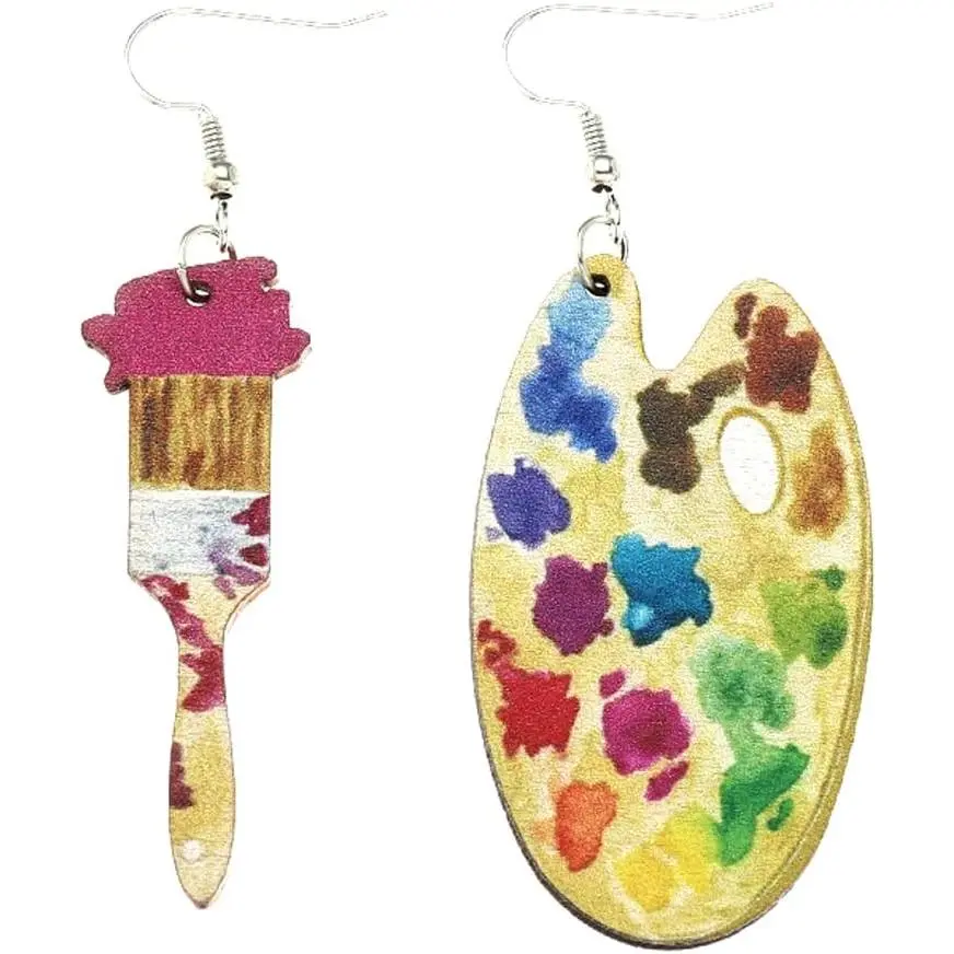 Dangle Earrings for Women, Bohemian Wooden Artist Brush and Palette, Lightweight Long Colorful Painter Jewelry, Cute Gift for Art Teachers, Brush Shape, Women's Fashion, Long Length, Owl/Book