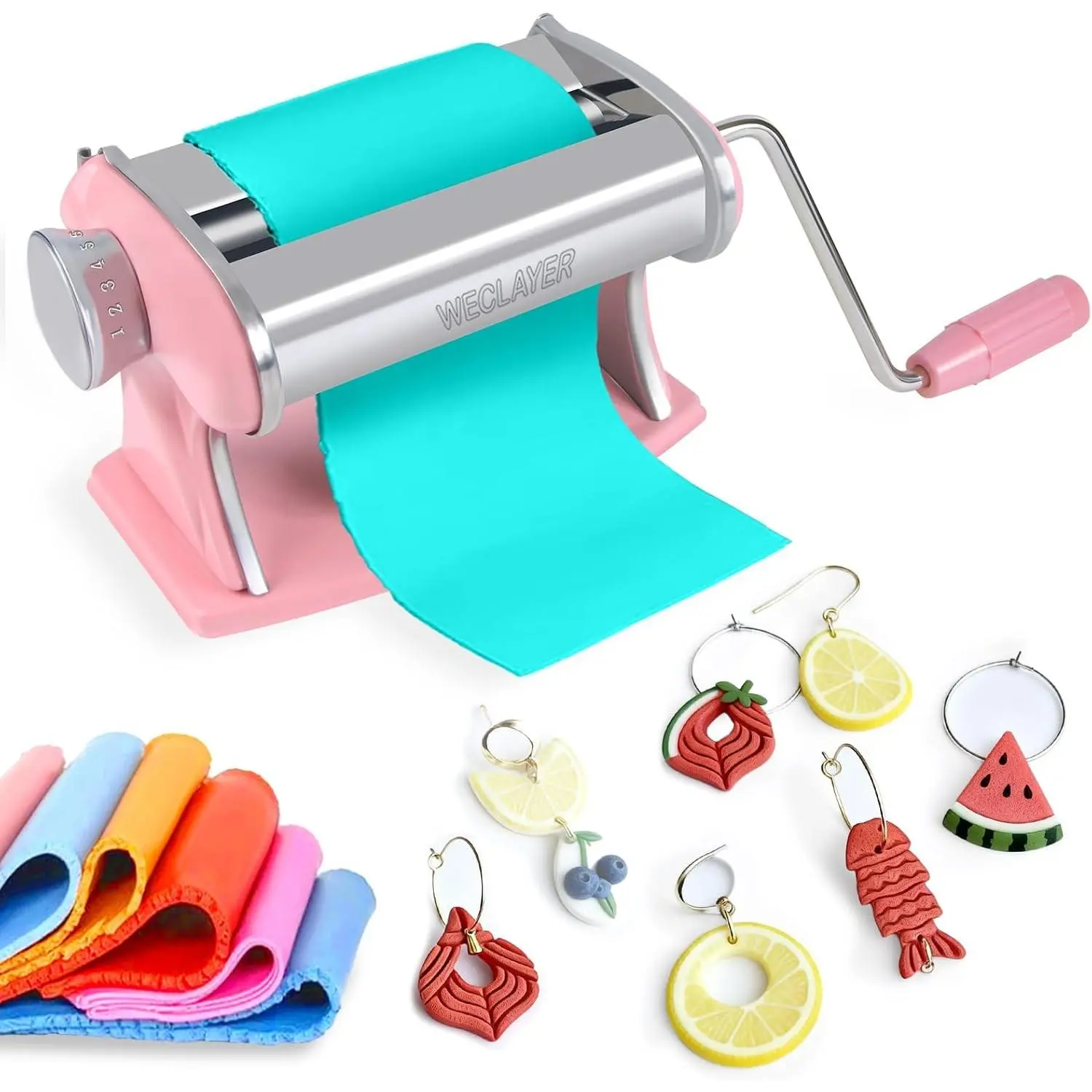 Stainless Steel Pink Polymer Clay Press Roller Pasta Machine 7 Thickness with Clamp and Hand Crank for Clay Earring Making