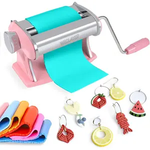 Stainless Steel Pink Polymer Clay Press Roller Pasta Machine 7 Thickness with Clamp and Hand Crank for Clay Earring Making