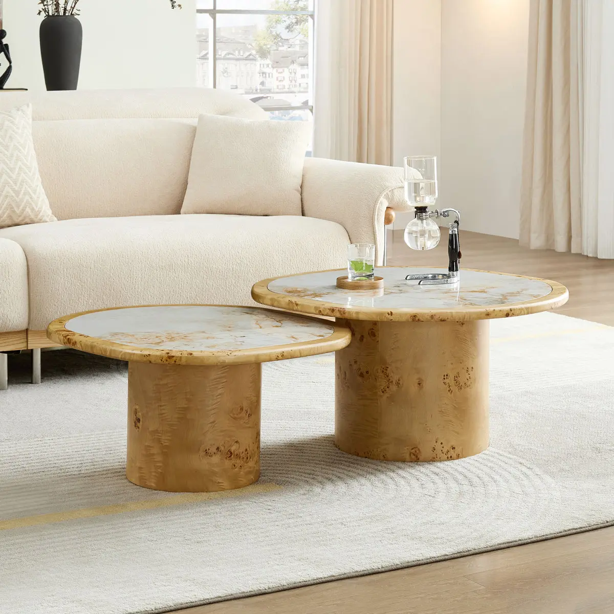 Iegular Coffee Table set, 2pcs burl Wood Veneer Coffee Table,Sintered Stone Tabletop Table with Sturdy MDF Pedestal, Rounded Sofa Side Table for living Room,Office