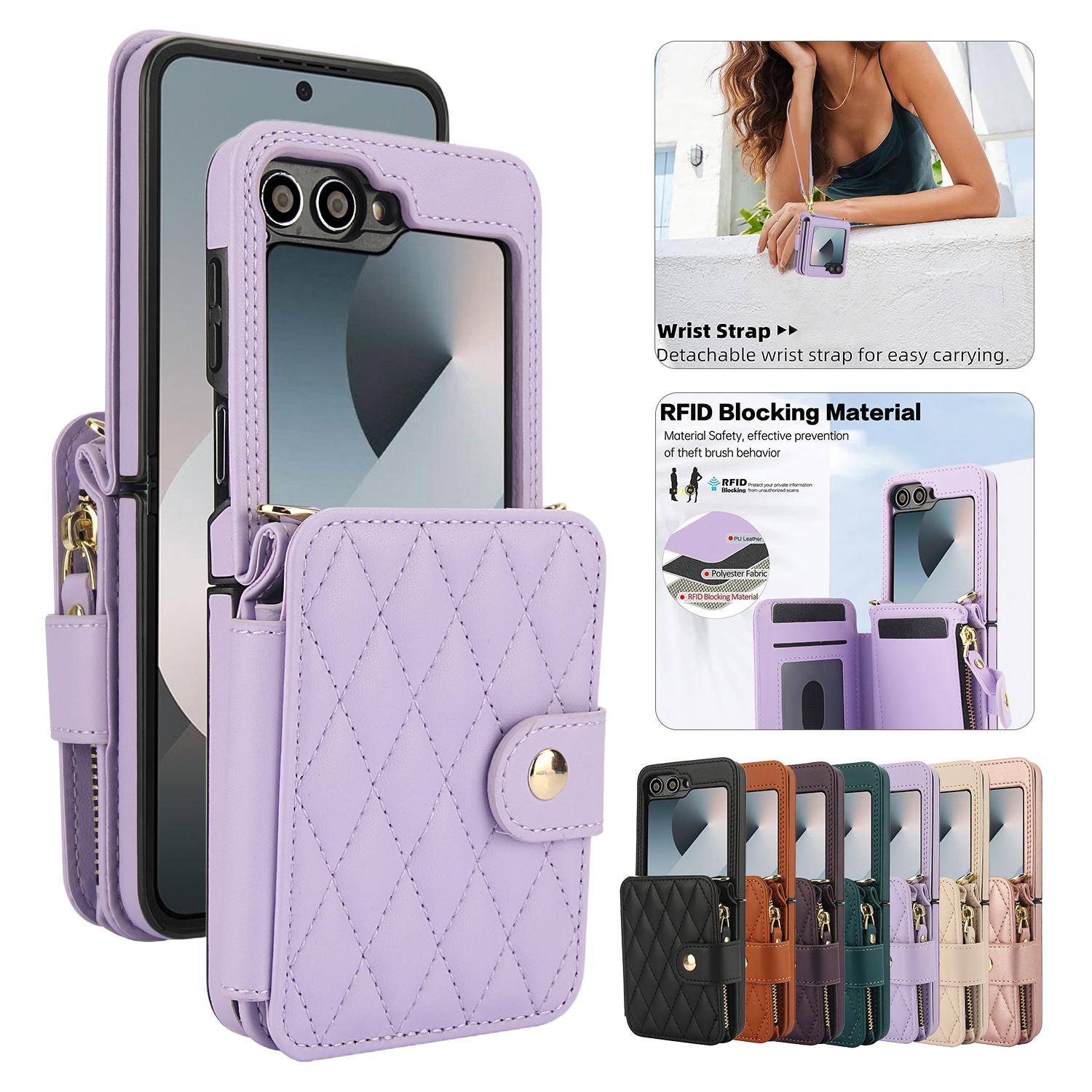 [FREE!SHIP] for Samsung Galaxy Z Flip 6/5/4/3 5G Wallet Case Built-in Crossbody PU Leather Cash Slot Zipper Purse with Credit Card Slot Holder Carrying Handbag Stand Phone Case Hinge Protection Adjustable Lanyard Detachable Strap Wrist for Women Ladies