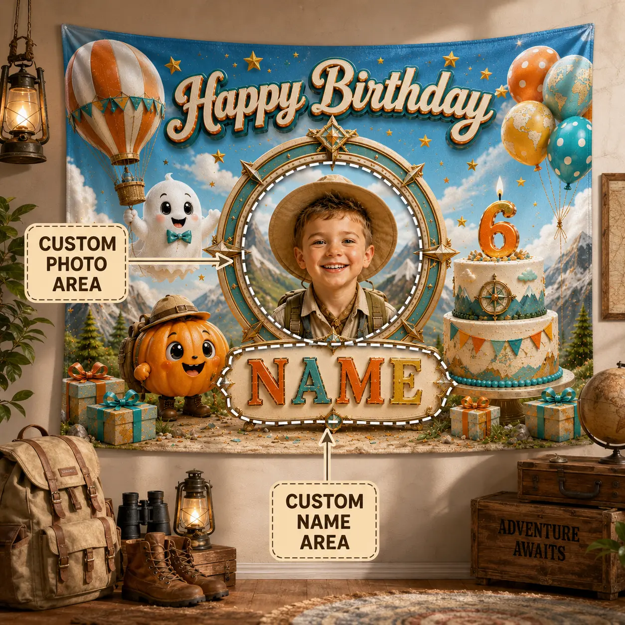 Personalized Adventure 6th Birthday Backdrop, Custom Photo and Name Explorer Banner