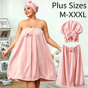Plus Size 2-Piece Bath Towel Sheet & Shower Cap Set - Adjustable Thick Coral Fleece Spa Wrap, Quick-Dry Cap, Soft Water Absorbent Towel for Home & Travel