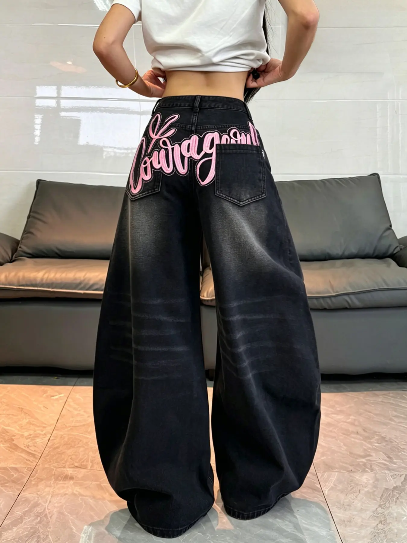 Women's Y2K Sweet Cool Colorblock Letter Embroidery Jeans, High Waist Loose Wide Leg Long Pants, All Seasons