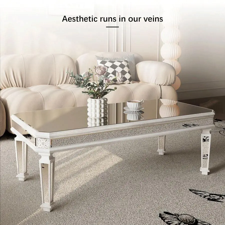Silver Mirrored Coffee Table, Vintage Carved, Rectangle Glass Tea Table With Mirrored Finish, Modern Center Table Living Room And Office