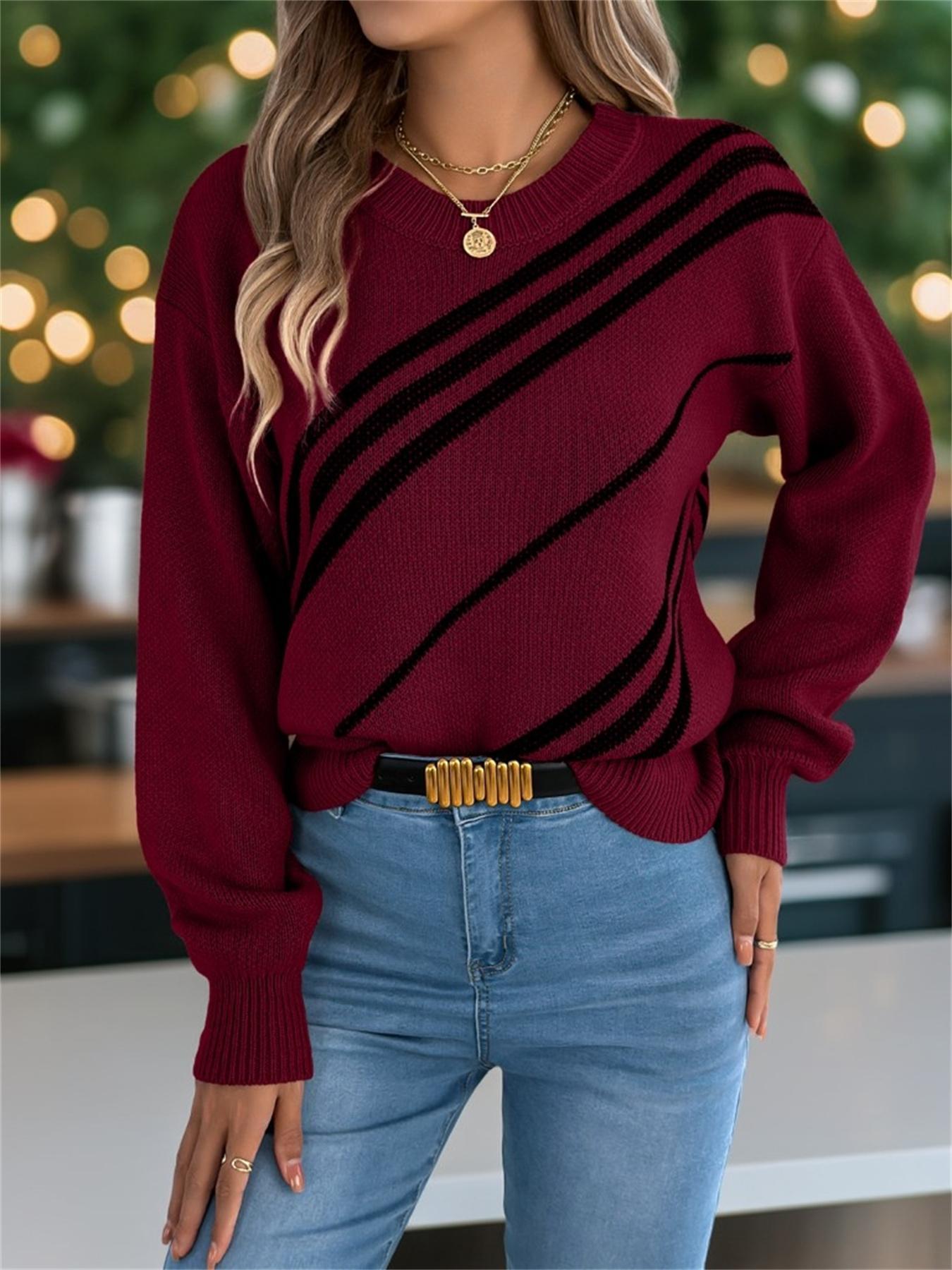 Women's Colorblock Drop Shoulder Fitted Sweater Tops, Casual Long Sleeve Round Neck Jumper for Fall & Winter, Fashion Ladies' Knitwear for Daily Wear