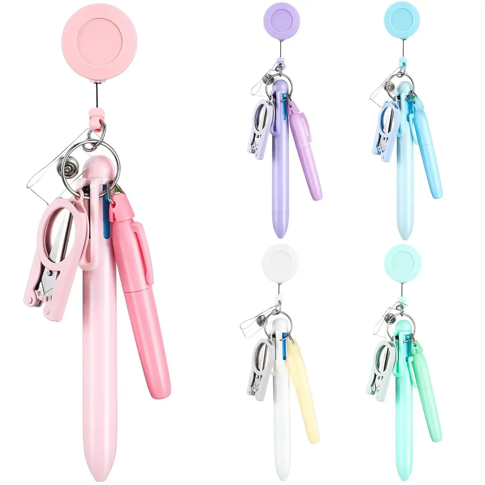 5 Pcs Nurse Pen Set Nurse Badge Accessories Mini Retractable Ball Pens Highlighter Badge Clip LED Keychain Folding Scissors