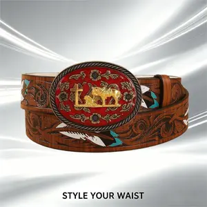 Men’s Western retro belt with bison head buckle and rivets, street design—versatile and durable