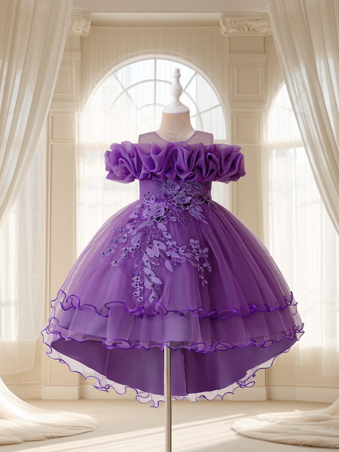 Girls' Floral Embroidered Layered Tulle Formal Dress, Embroidery Dress, Elegant Party and Performance Dress for All Seasons