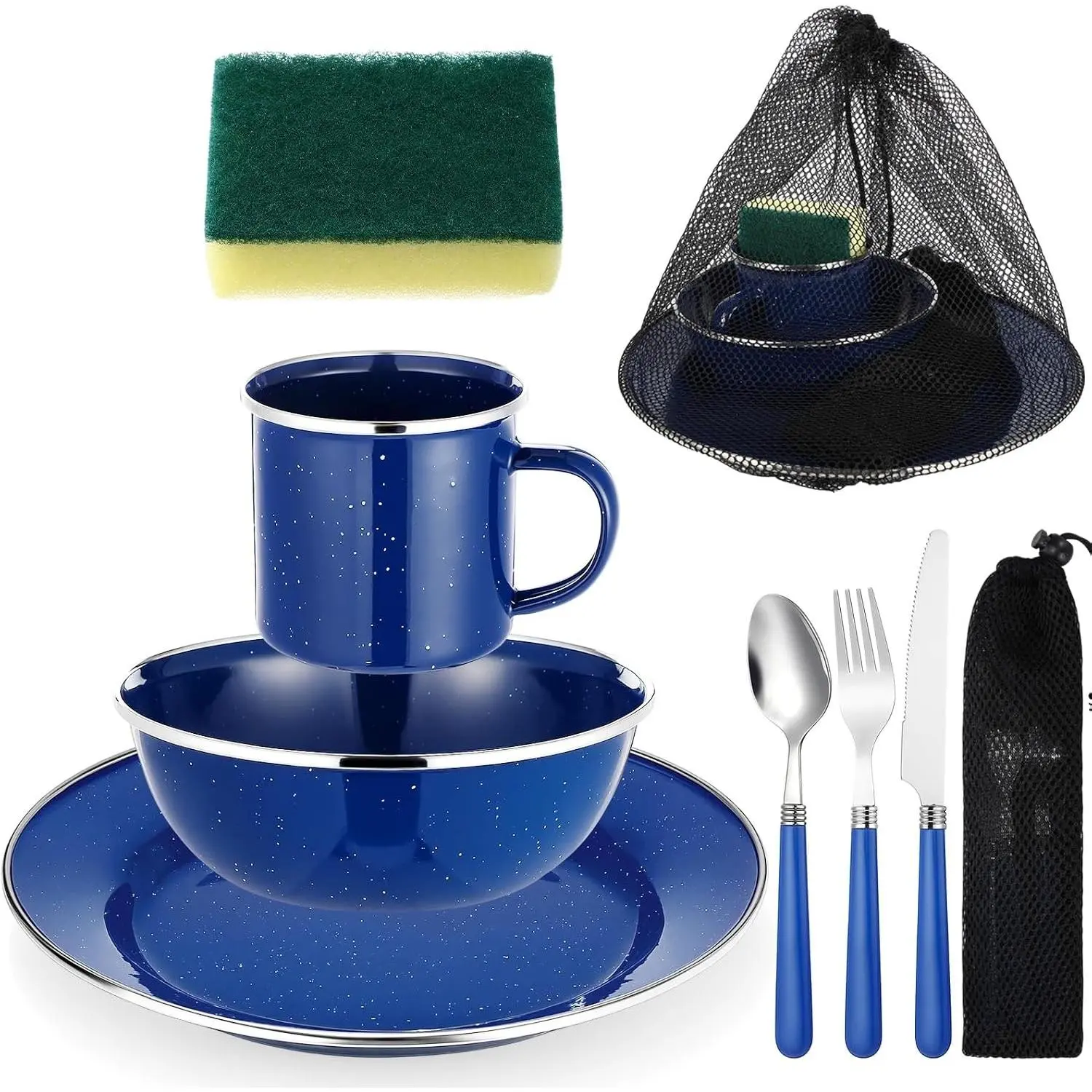 9 Pcs Camping Enamel Plates Cups and Bowls Set Camping Mess Kit, Enamel Bowl Mug Plate Knife Fork Dishwashing Sponge Utensil Bags Storage Straps Lightweight Tableware for Backpacking Hiking