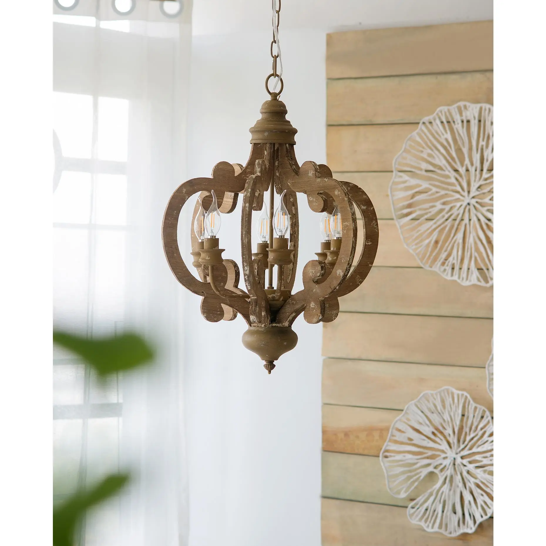 Nokaa Farmhouse 6-Light Wood Chandelier Pendant Light Fixture with Adjustable Chain for Dining Room Living Room Entryway, Bulb Not Included, Rustic Hanging Ceiling Lamp for Kitchen Island Bedroom Hallway Foyer Home Decor